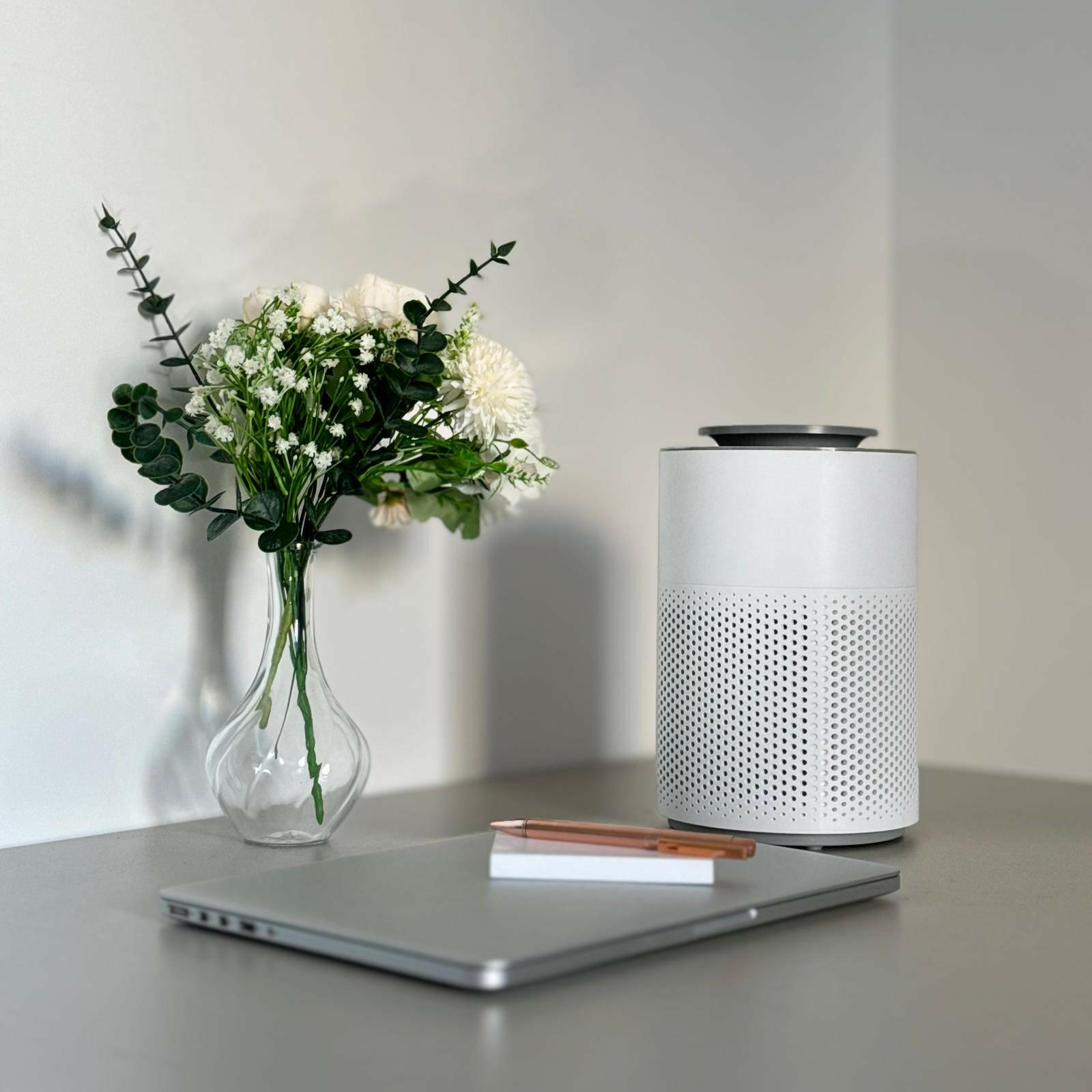 Purificateur d'air posé à côté d'un PC sur une table, créant un environnement de travail sain